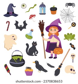 Set of Halloween objects. Halloween collection of elements. Small witch.