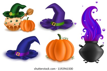 Set of Halloween Objects, Food, Cupcake with Eyes Confectionery, Witch's Broomstick, Pumpkin and Cauldron, Wizard Hats, Isolated on White Background, Hand Drawn, Realistic Vector Holiday Illustration