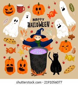 Set of Halloween objects. Happy Halloween lettering, witch cooking the potion in the cauldron, pumpkin, ghost, cookie, candy, mug of cocoa, black cat, autumn leaves