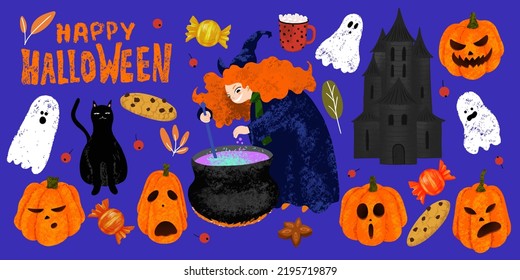 Set of Halloween objects. Happy Halloween lettering, witch cooking the potion in the cauldron, pumpkins, dark castle, house of ghosts, cookie, candy, mug of cocoa, black cat, autumn leaves