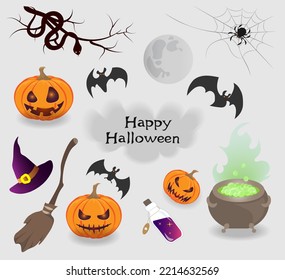 Set of Halloween objects for horror party collection vector illustration. Halloween stickers. Set of hat, pumpkin, bat, broom, moon, snake, spider and spiderweb cartoon design. Vector illustration