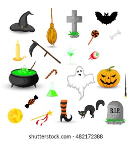 set of Halloween objects isolated on white background.