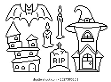 Set of Halloween Objects in Pixel Style. Vector Illustration bat, candle, creepy castle, tombstone