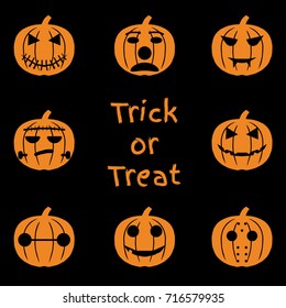 Set of halloween objects, pumpkins and lettering. Greeting card for party and sale. Vector illustration EPS10.