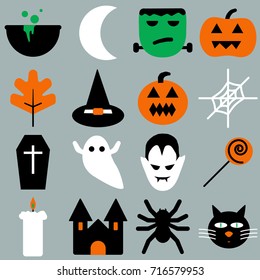 Set of halloween objects, pumpkins and lettering. Greeting card for party and sale. Vector illustration EPS10.