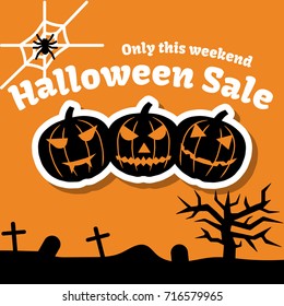 Set of halloween objects, pumpkins and lettering. Greeting card for party and sale. Vector illustration EPS10.