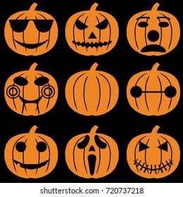 Set of halloween objects, pumpkins and lettering. Greeting card for party and sale. Vector illustration EPS10.