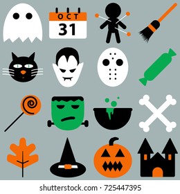 Set of halloween objects, pumpkins and lettering. Greeting card for party and sale. Vector illustration EPS10.