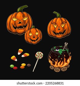 Set of halloween objects. Witch cauldron with potion, sweets, lollypop, candy corn, pumpkins like human characters, such as parents and kid. Colorful vector illustration in vintage style.