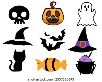 Set of Halloween on a white background.pumpkin, witch hat, black cat, skull, ghost, witch pot, and bat. Vector illustration
