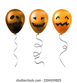 Set of Halloween orange balloons with scary and funny faces