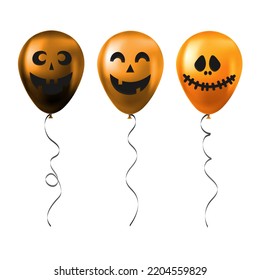 Set of Halloween orange balloons with scary and funny faces