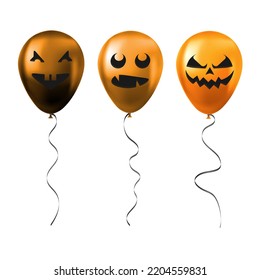 Set of Halloween orange balloons with scary and funny faces