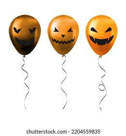 Set of Halloween orange balloons with scary and funny faces