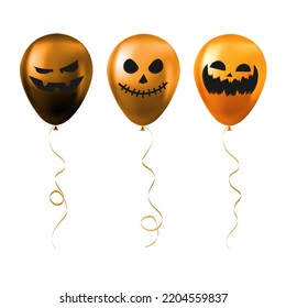 Set of Halloween orange balloons with scary and funny faces
