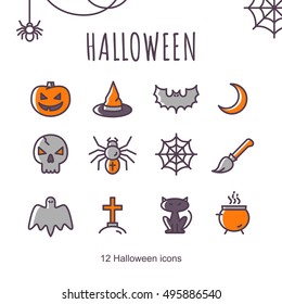 Set of Halloween outline icons. Vector Illustration. Cute color icons on white Backdrop. Halloween Concept.