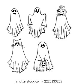 a set of Halloween painted ghosts with faces. cartoon sketch on a white background