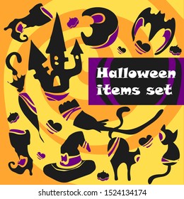Set of Halloween paraphernalia, includes witch hat, witch boots, umbrella, broom, cat, bat, moon, house. For designing Halloween design, souvenirs and stickers. 