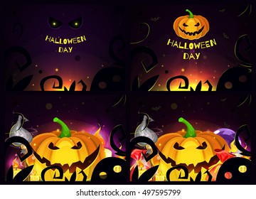 Set of Halloween Party Background with Pumpkin and candies. Magic bright background for game. Halloween splashscreen.Vector backgrounds.