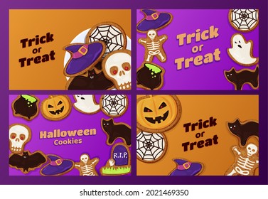 Set of Halloween party background vector flat illustration. Collection of festive traditional autumn holiday All Saints' Day with ghost, black cat, skeleton, witch hat, Jack O' Lantern pumpkins