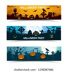 Set of halloween party banners with cemetery lanterns animals on blue and orange backgrounds isolated vector illustration