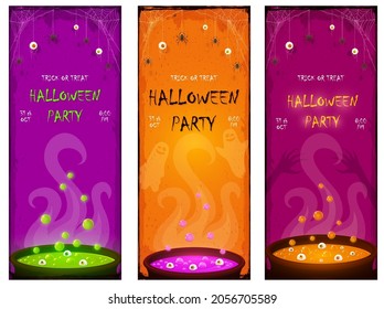 Set of Halloween Party banners. Scary eyes and spiders on web. Orange, green and purple potion in cauldrons with eyes and bubbles. Illustration for cards, children's holiday design, invitation, banner