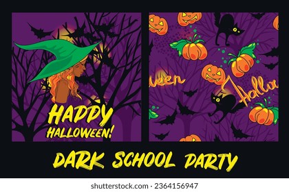 Set for Halloween party, card with cute witch and seamless pattern, vector illustration
