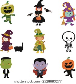 Conjunto de personajes de fiesta de Halloween. Frankenstein, vampiro, calabazas, bruja, esqueleto, fantasma, gato o linterna para niños en diferentes trajes sobre un fondo blanco. Dibujos animados, plano, Vector