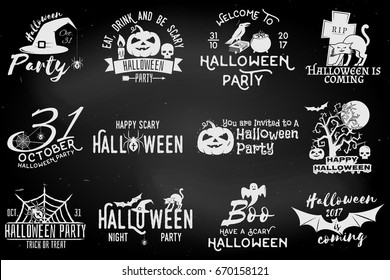 Set of Halloween party concept on the chalkboard. Halloween party retro templates, badges, seals, patches. Concept for shirt or logo, print, stamp. Typography design- stock vector.