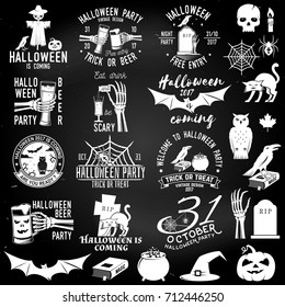 Set of Halloween party concept on the chalkboard. Halloween party retro templates, badges, seals, patches with design elements. Concept for shirt or logo, print, stamp. Typography design- vector.