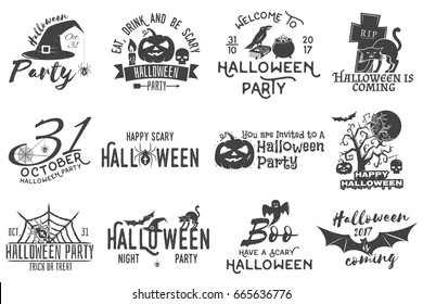 Set of Halloween party concept. Halloween party retro templates, badges, seals, patches. Concept for shirt or logo, print, stamp. Typography design- stock vector.