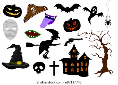 Set of Halloween Party Design Elements and Icons on White Background.  Photo booth props