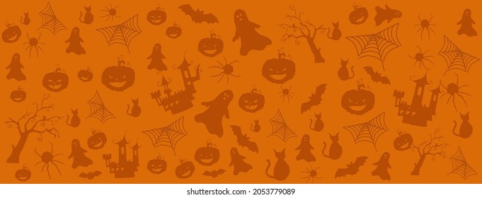 
Set of Halloween party doodles items elements: pumpkins, black cats, ghosts, old trees and bats on orange background.