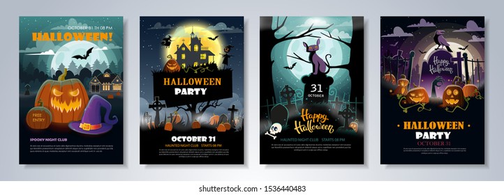 Set of Halloween Party Flyer Templates with scary night landscapes, pumpkins, graves and other halloween attributes for club, event, party or other advertising purposes. Seasonal party posters. 