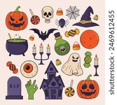 Set of Halloween Party Icon, Pumpkin Ghost Witch Hat Candy Haunted House Cauldron Potion Bottle Eyeball Candle Zombie Hand Vector illustration