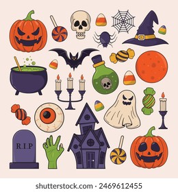 Set of Halloween Party Icon, Pumpkin Ghost Witch Hat Candy Haunted House Cauldron Potion Bottle Eyeball Candle Zombie Hand Vector illustration