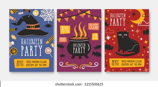 Set of Halloween party invitation, flyer or poster templates with witch hat, pot with potion and evil black cat and place for text. Vector illustration in flat cartoon style for event advertisement.