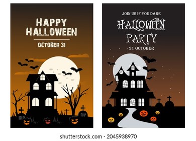 Set of Halloween party invitation with scary pumpkins and a full moon