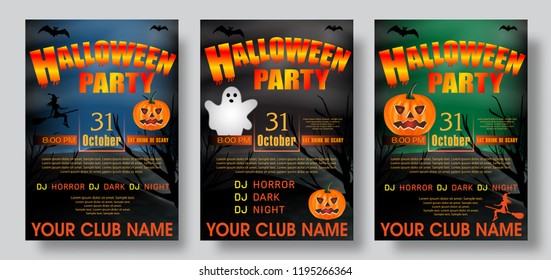 Set Halloween Party invitation template. Collection holiday backgrounds. Vector illustration.