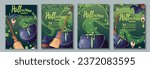 Set of Halloween party invitation templates. Flyer, banner for All Saints Day. Witch s cauldron, broom, hat, spider s web. Greeting card for the holiday.