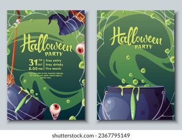 Set of Halloween party invitation templates. Flyer, banner for All Saints' Day. Witch's cauldron, broom, hat, spider's web. Greeting card for the holiday.