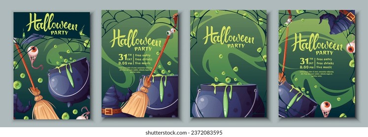 Conjunto de plantillas de invitación de fiesta de Halloween. Volante, cartel para el Día de Todos los Santos. La bruja es caldero, escoba, sombrero, telaraña. Tarjeta de saludo para las vacaciones.