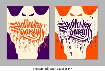 set of Halloween party invitations, banner template or greeting cards with handwritten calligraphy and scary ghost on background in traditional colors, violet and orange.