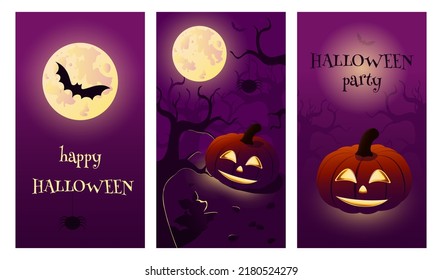 Set of Halloween party invitations. Glowing pumpkin, full moon, bat on an autumn night. Scary poster or postcard for a holiday in October. Purple night background. Vector illustration