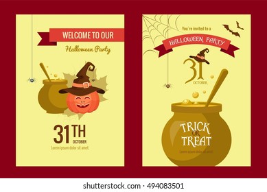 Set of halloween party invitations. Poster designs with halloween symbols and calligraphy.  Halloween Night Party. Trick or Treat. Vector illustration in flat style.