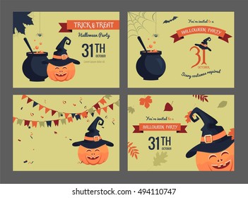 Set of halloween party invitations. Poster designs with halloween symbols and calligraphy.  Halloween Night Party. Trick or Treat. Vector illustration in flat style.