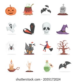 Set of Halloween party items. Scary and ugly pumpkin, pot with poison, bats, gravestone, ghost, skull, witch hat, spider, castle, witch, tree, candle, skeleton hand vector flat cartoon illustration.