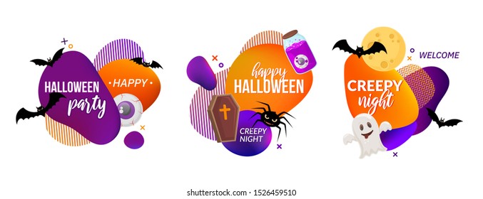 Set of Halloween party labels isolated on white. Vector abstract shapes and holiday design elements.