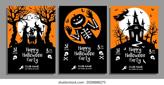 set of Halloween party posters in black and orange colors. Vector design template of invitations, invite, cards, flyer, afiche in cartoon silhouette style. Witches, Jack o lantern and haunted mansion