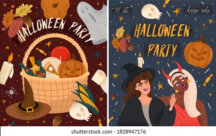 Set of Halloween party posters in cartoon style. Bright festive vector posters with female student friends of different races in witch and devil costumes and halloween sweets, pumpkin, corn and skull 